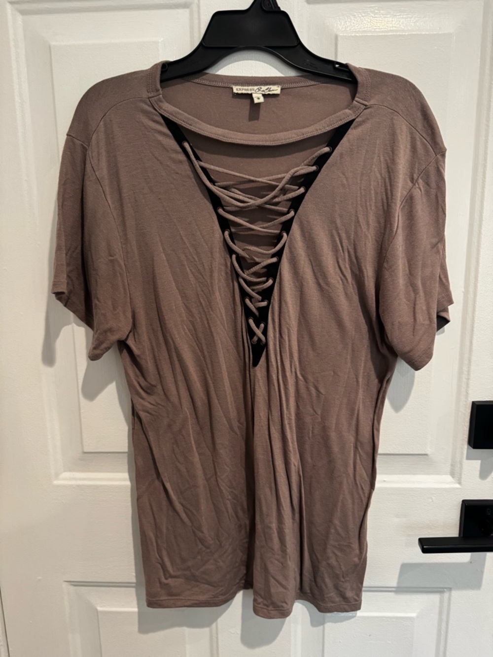 Express Mauve Lace-Up V-Neck Short Sleeve Top